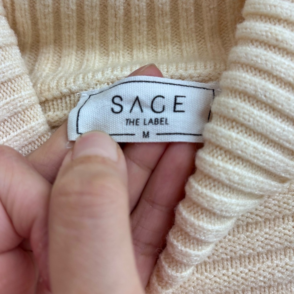 SAGE THE LABEL Ribbed Turtleneck Sweater with Wide Bell Cuffs in Ivory/Cream - Picture 11 of 16